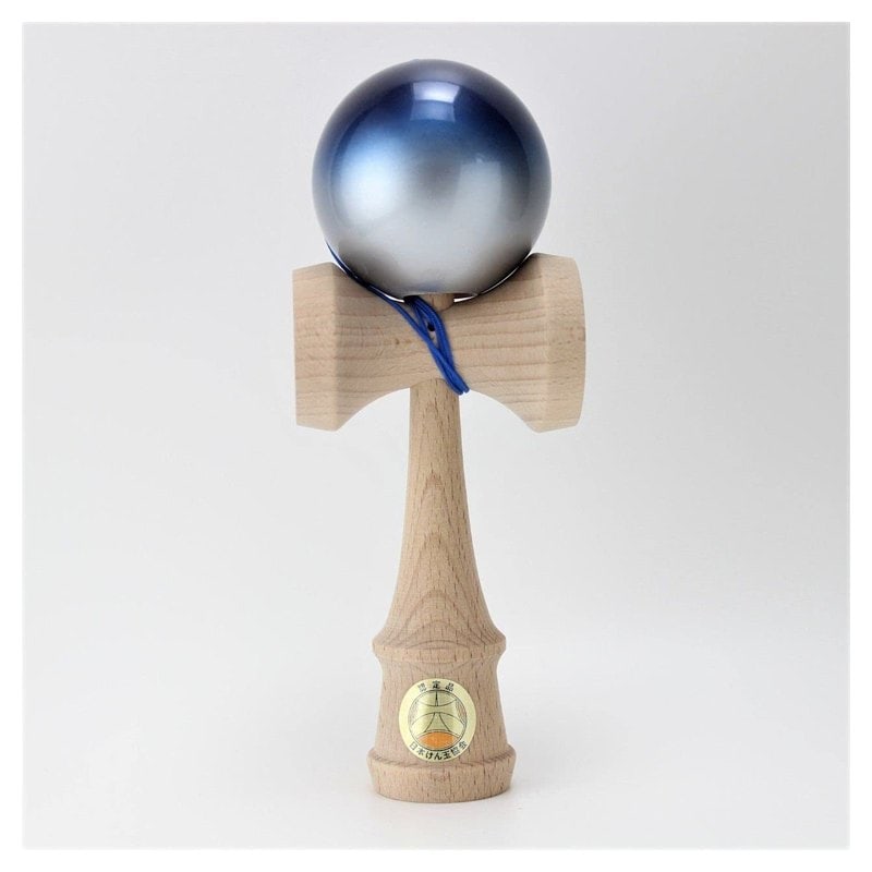 A blue and silver Ozora competition kendama with a wooden handle and ball on a string