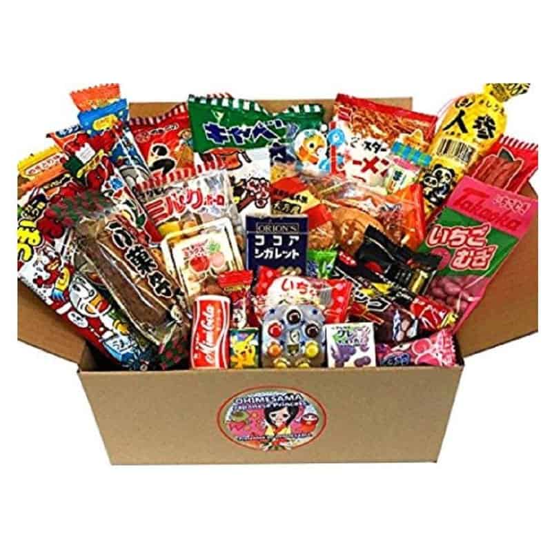A box overflowing with colorful Japanese dagashi snacks and candy