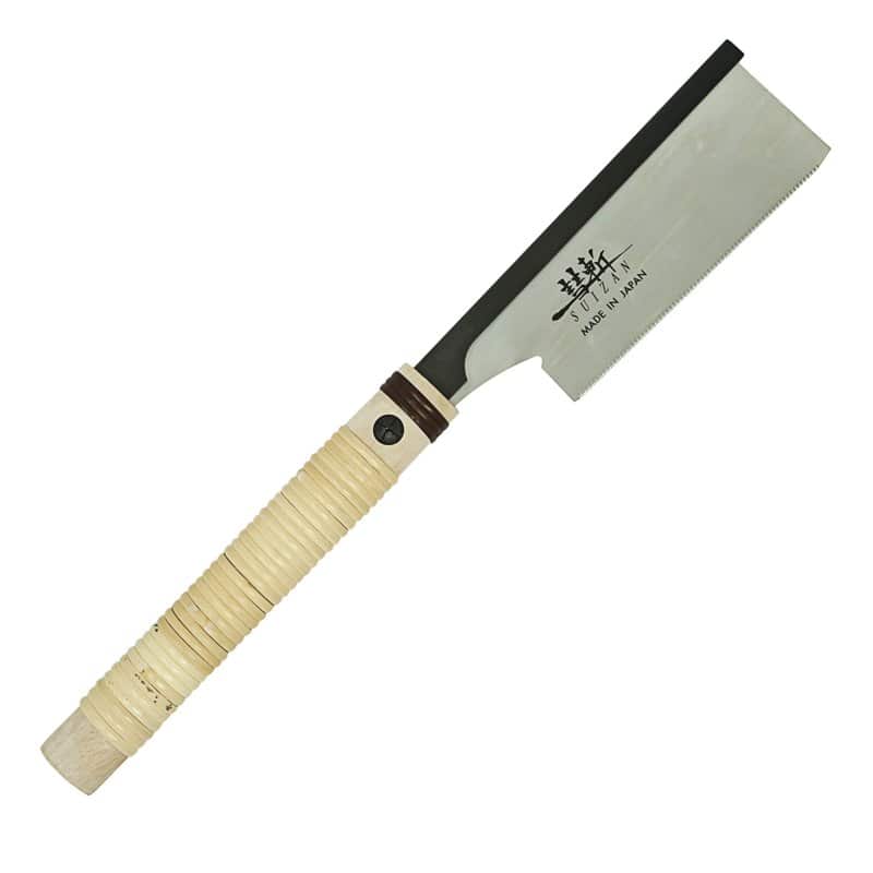 A Suizan dozuki saw with a rattan-wrapped handle and a stiffened back
