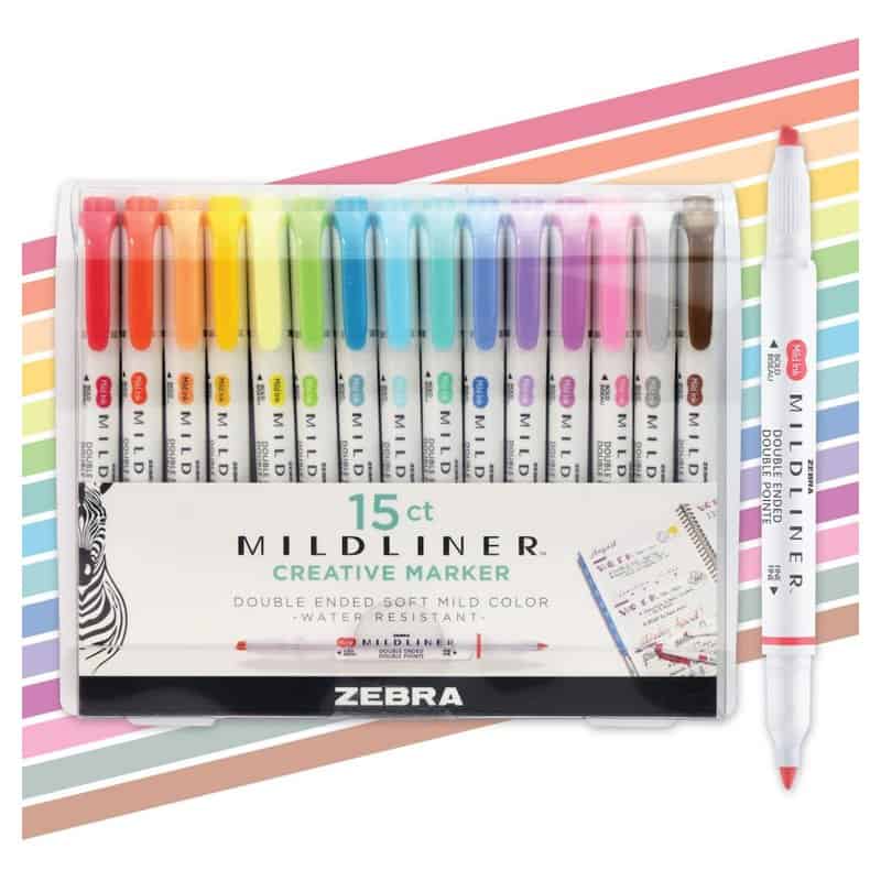 A pack of fifteen Zebra Mildliner dual-tip highlighters in soft pastel colors