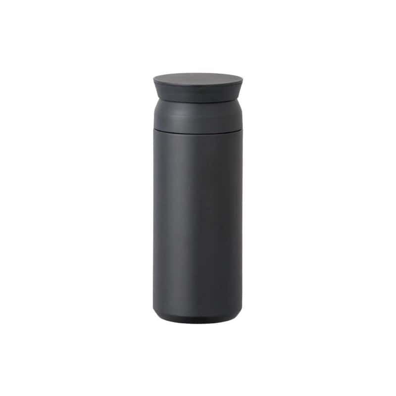 A black Kinto travel tumbler with a matte finish and a screw lid