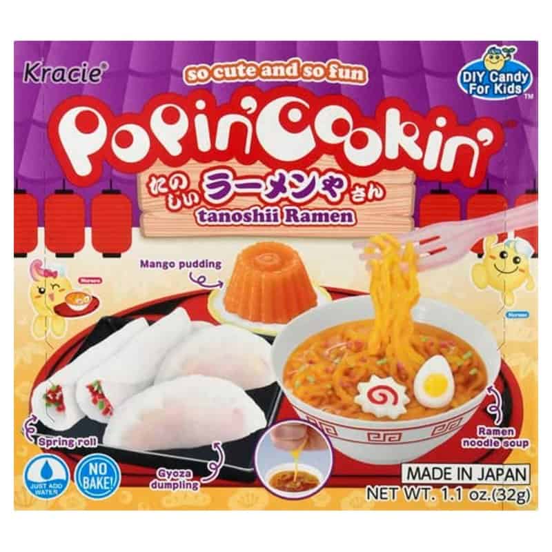 A Kracie Popin' Cookin' DIY candy ramen kit box showing tiny candy noodles and dumplings