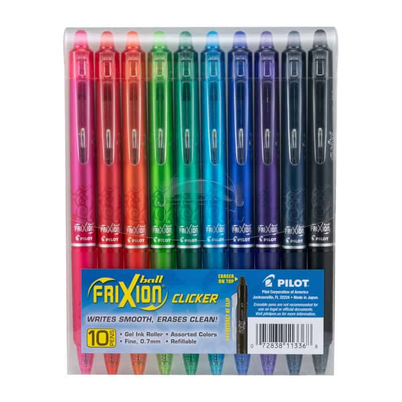 A pack of ten Pilot FriXion Clicker erasable gel pens in assorted colors
