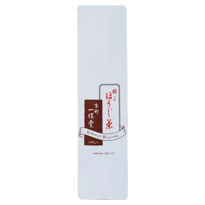A slim white bag of Ippodo hojicha roasted green tea with red Japanese lettering
