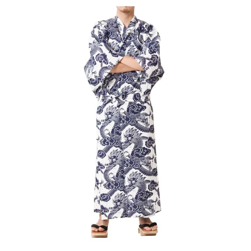 A navy and white cotton yukata robe with a traditional wave pattern