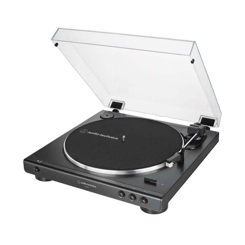 A black Audio-Technica AT-LP60X fully automatic turntable with a dust cover