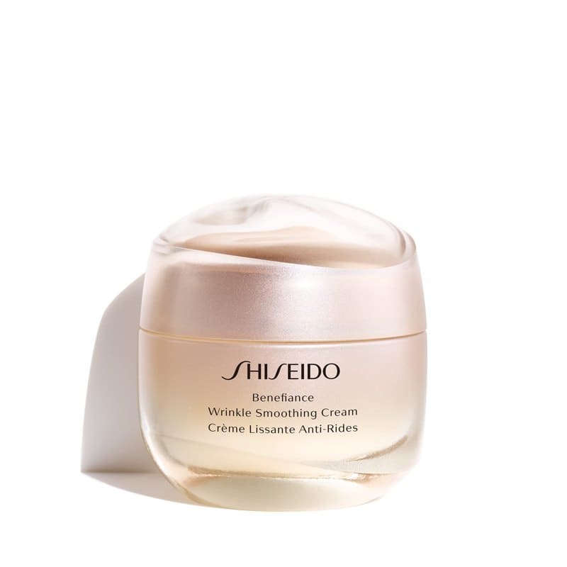 A pale gold jar of Shiseido Benefiance Wrinkle Smoothing Cream