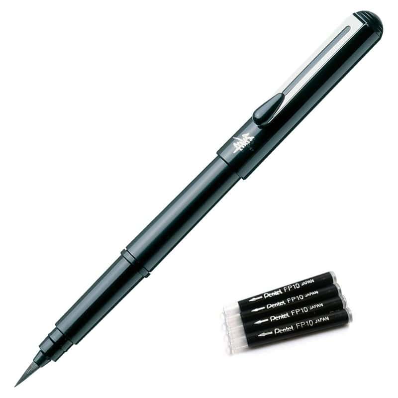 A black Pentel pocket brush pen with four ink refill cartridges