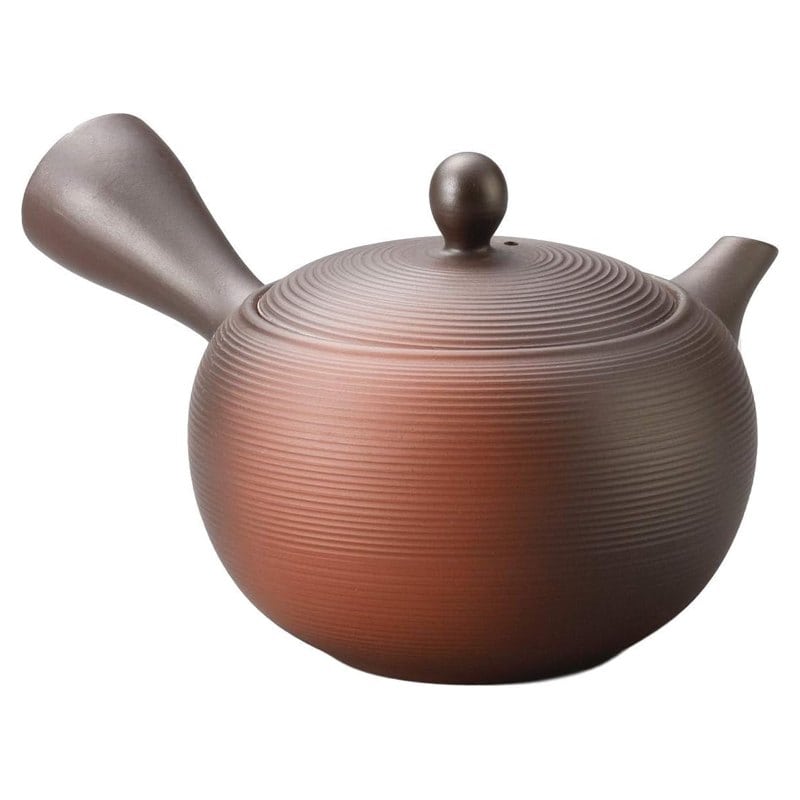 A reddish-brown Tokoname clay kyusu teapot with a side handle and banded texture