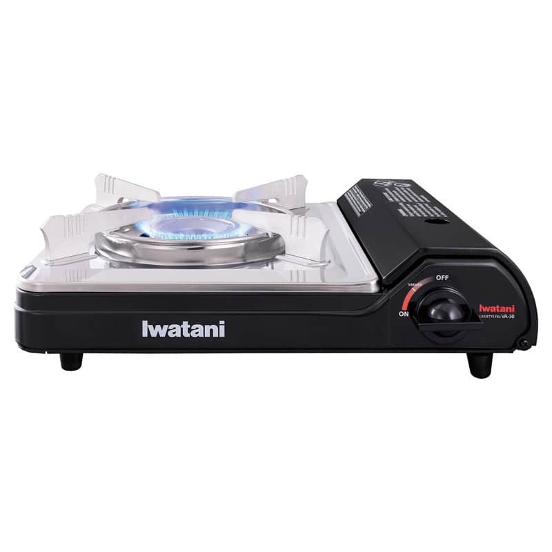 A black Iwatani Cassette Feu portable butane stove with a single burner