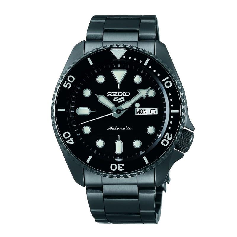 A Seiko 5 Sports automatic watch with a black dial, rotating bezel and steel bracelet