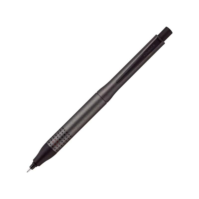 A gunmetal Uni Kuru Toga Advance mechanical pencil with a slim metal grip