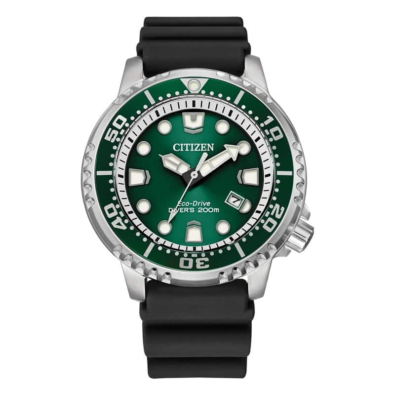 A Citizen Promaster Dive Eco-Drive watch with a green dial and black strap