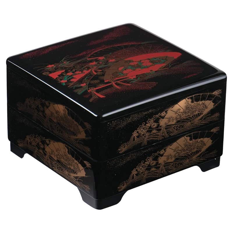 IPPINKA three-tier jyubako box in black with a gold fan design, made in Japan