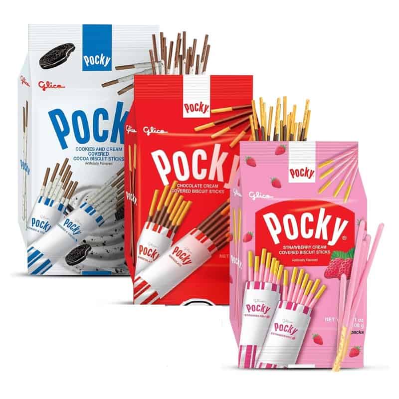 Three boxes of Glico Pocky in chocolate, strawberry and cookies and cream flavors