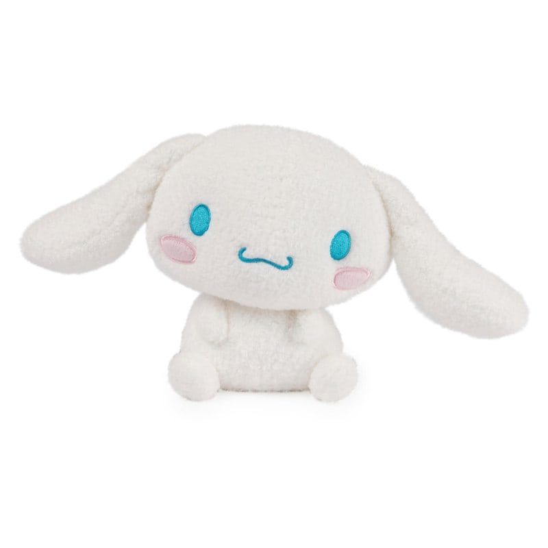 A white Sanrio Cinnamoroll plush puppy with long ears and blue eyes