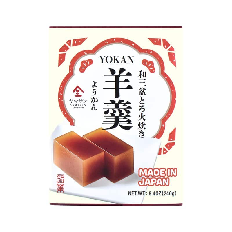 A box of Yamasan Kyoto Uji yokan showing glossy slices of red bean jelly