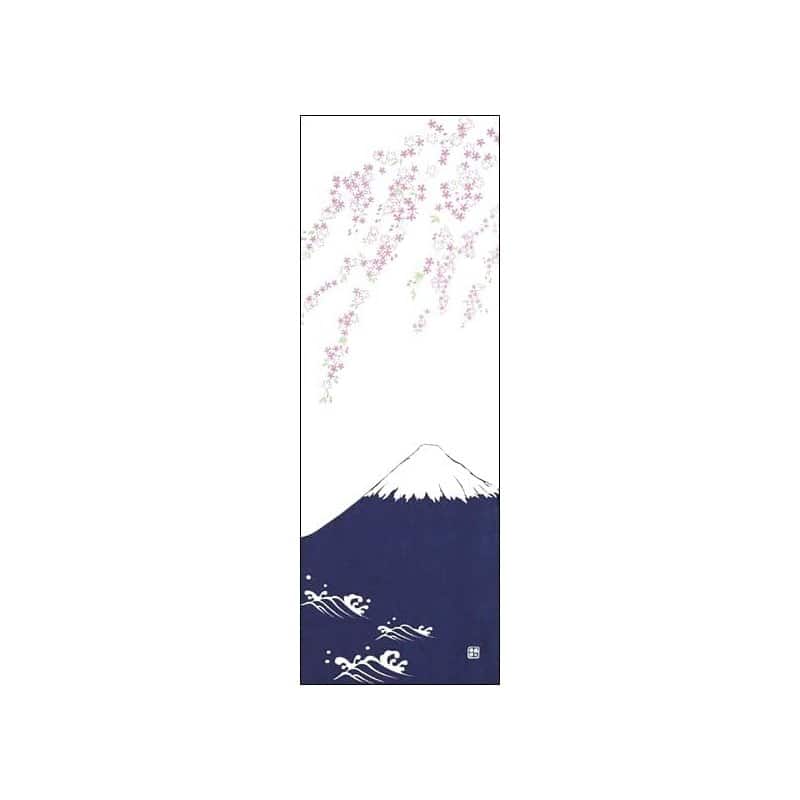 A cotton tenugui towel printed with Mount Fuji and hanging cherry blossoms in pink