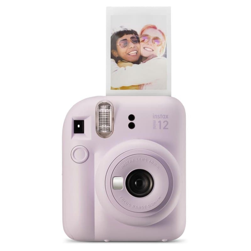 A lilac purple Fujifilm Instax Mini 12 instant camera with a print of two friends