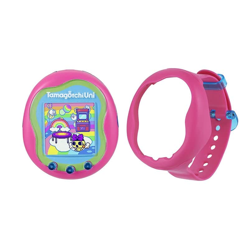 A pink Tamagotchi Uni virtual pet with a color screen and a wristband
