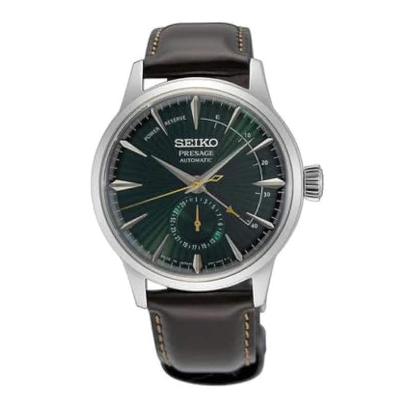 A Seiko Presage SSA459 watch with a rich green patterned dial and brown leather strap
