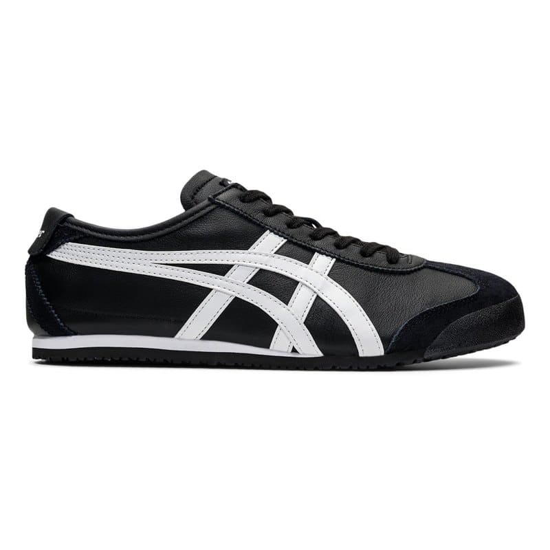 A black Onitsuka Tiger Mexico 66 sneaker with white tiger stripes