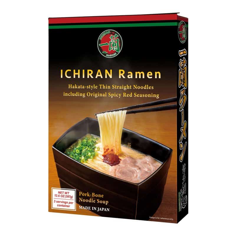 A black box of Ichiran take-home ramen showing a bowl of tonkotsu noodles