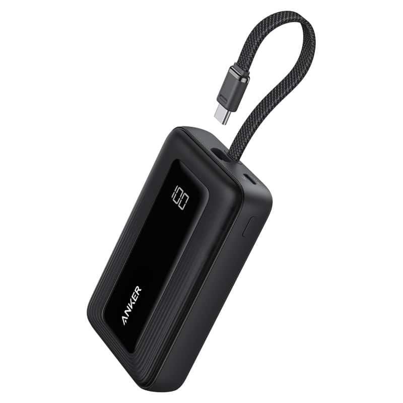 A compact black Anker 10,000mAh power bank with a built-in USB-C cable