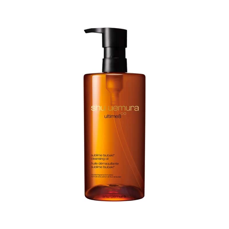 An amber bottle of Shu Uemura Ultime8 Sublime Tsubaki Cleansing Oil