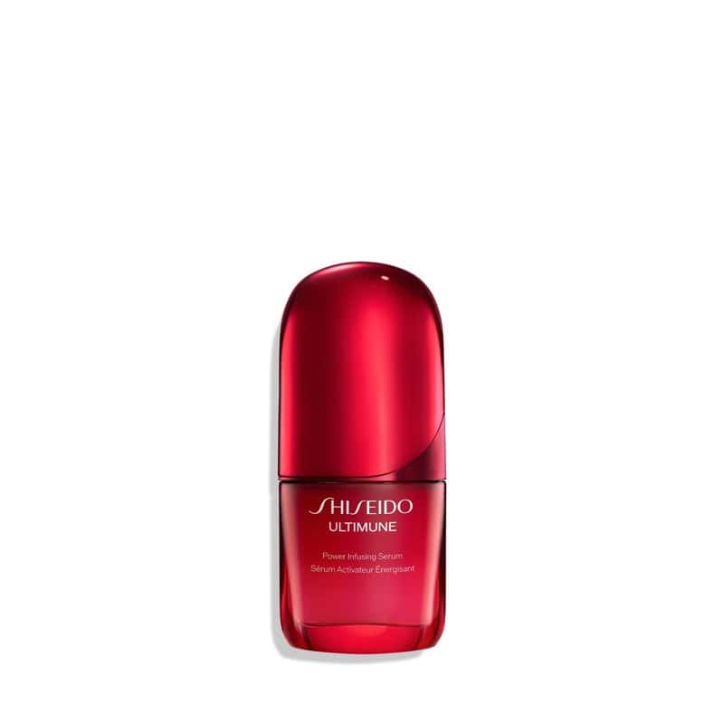 A red bottle of Shiseido Ultimune Power Infusing Serum on a white background