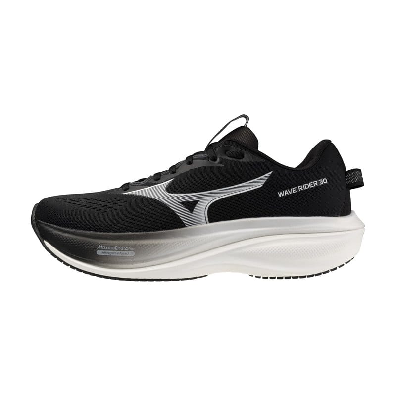 A black and white Mizuno Wave Rider 30 running shoe