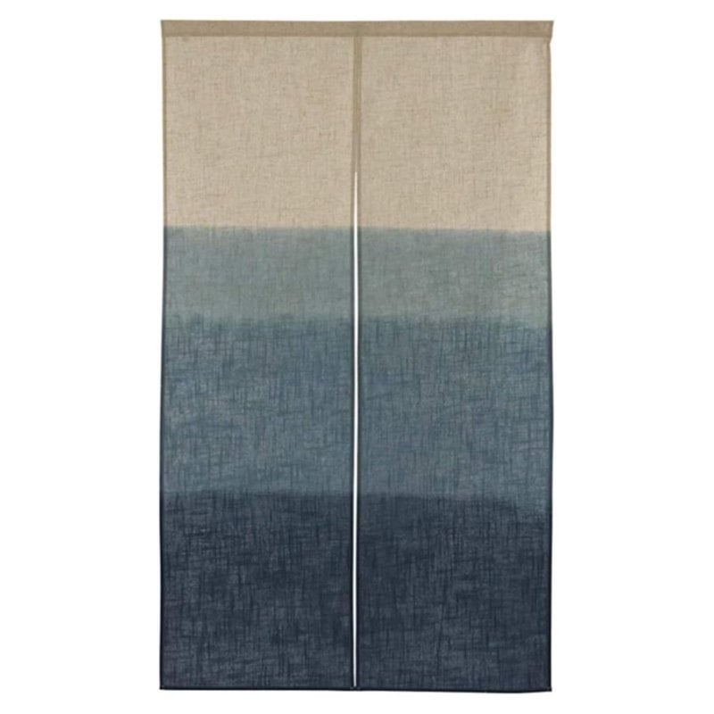 A navy noren doorway curtain with a hand screen-printed ombre, split into two panels