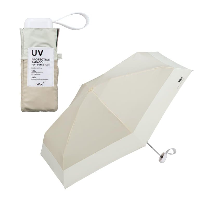 A pale folding Wpc umbrella with a color-block canopy and its matching case