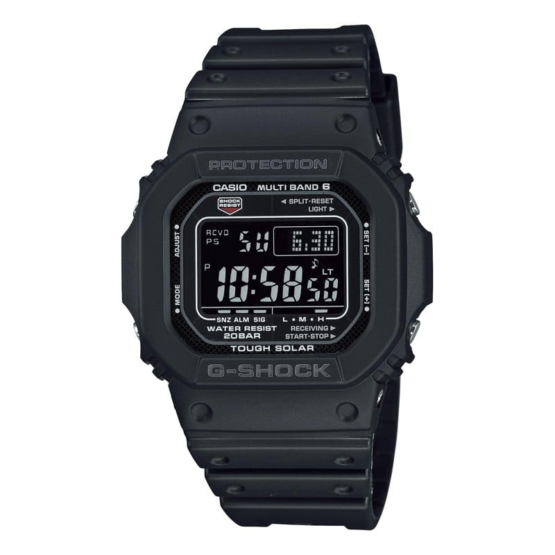 A black Casio G-Shock GW-M5610U square digital watch with a resin strap