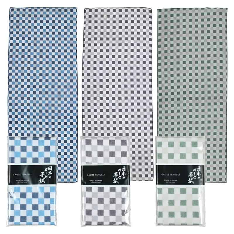 Three Japanese gauze tenugui towels with a wave-and-plover pattern, made in Japan