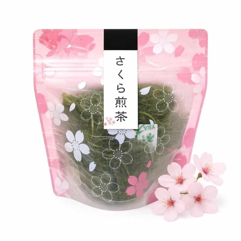 A box of Kyoto Asanoha sakura sencha green tea bags made with salted cherry leaves