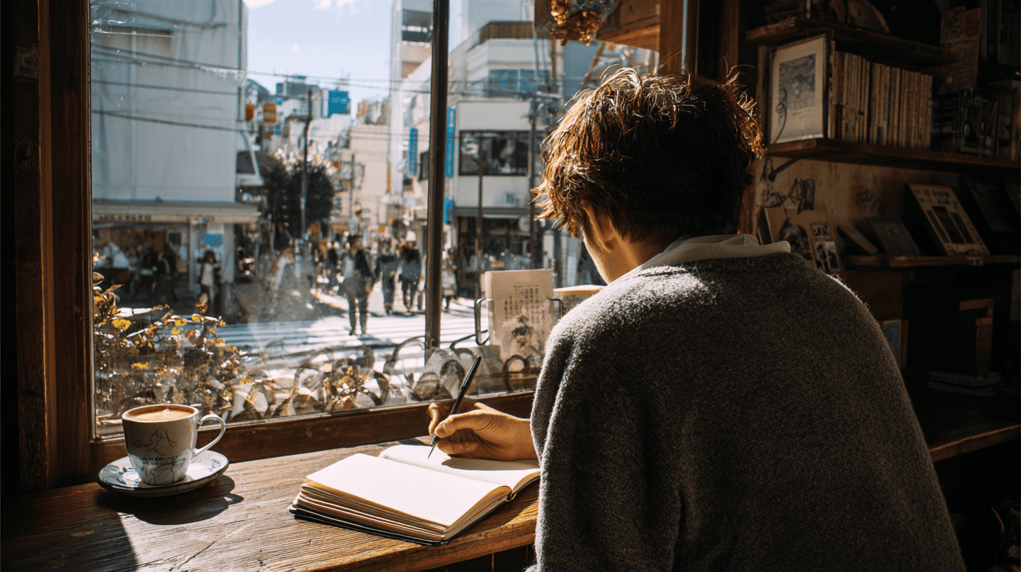 A young man writing in a notebook at a sunny Tokyo cafe window
