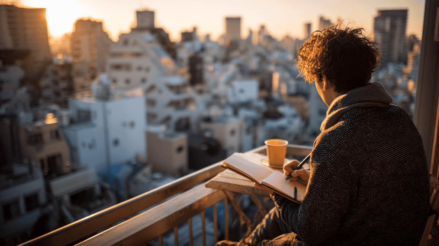 Man writing in a notebook on a balcony at golden hour above Tokyo rooftops