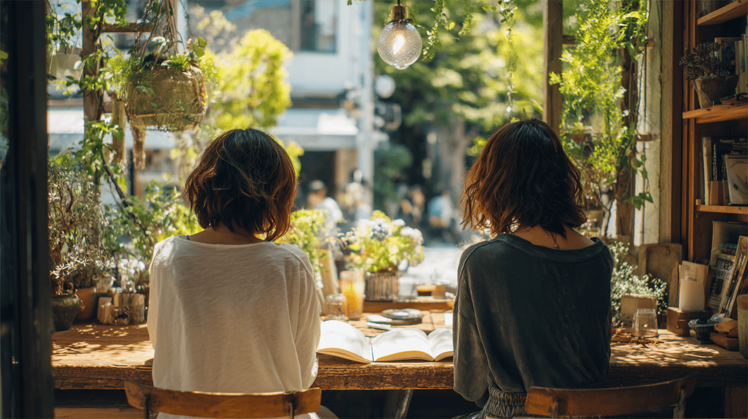 Two friends comparing relationship readiness journal prompts side by side at a bright Tokyo cafe table, seen from behind