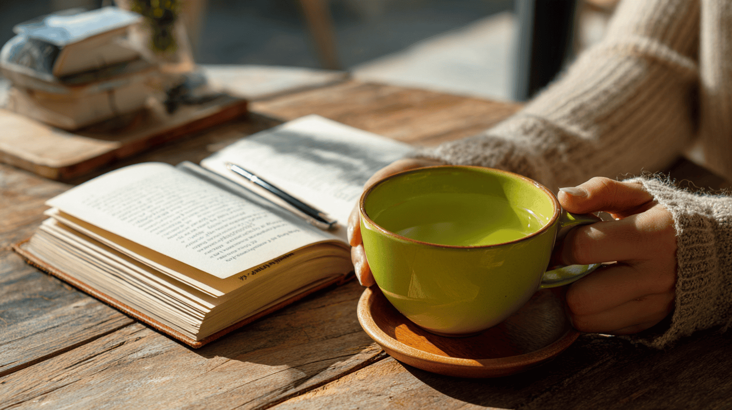 Hands holding a cup of tea beside an open notebook of relationship readiness journal prompts on a sunny low table