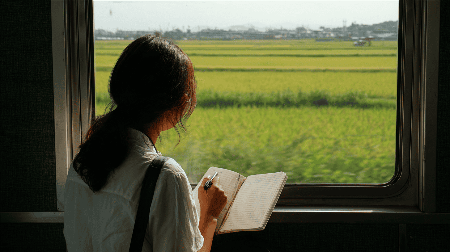 Woman writing journal prompts before dating in a small notebook on a local train, green countryside outside