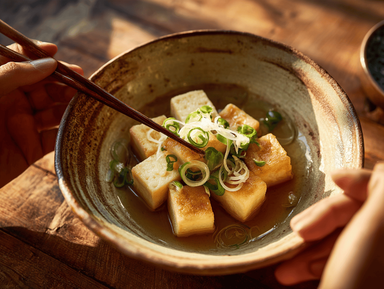 Agedashi tofu recipe: hands setting down a bowl of crisp fried tofu in warm dashi with grated daikon and scallion