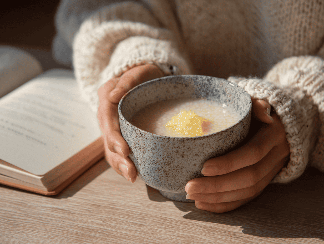 Hands holding a warm cup of homemade amazake beside an open notebook, an amazake recipe made with rice koji