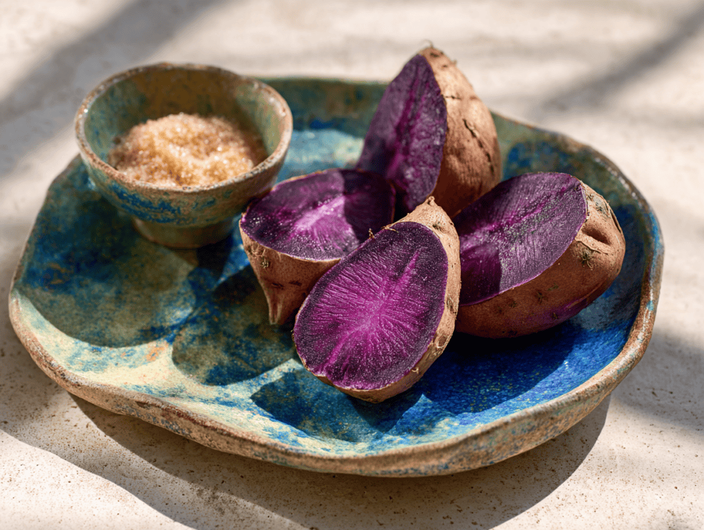 Roasted Okinawan purple sweet potatoes split open on a blue ceramic plate beside a bowl of brown sugar