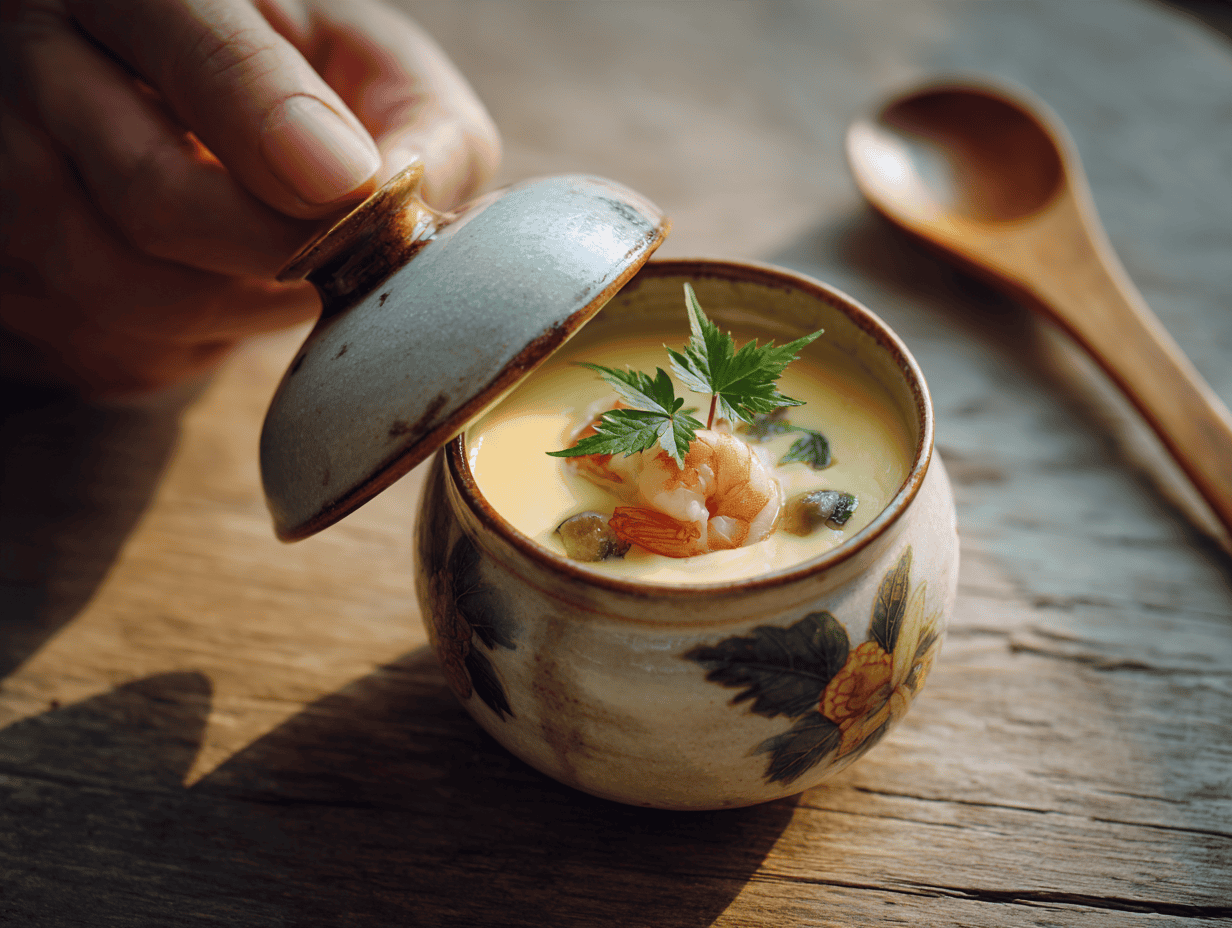 Hands lifting the lid from a cup of chawanmushi, made with this savory steamed egg custard recipe