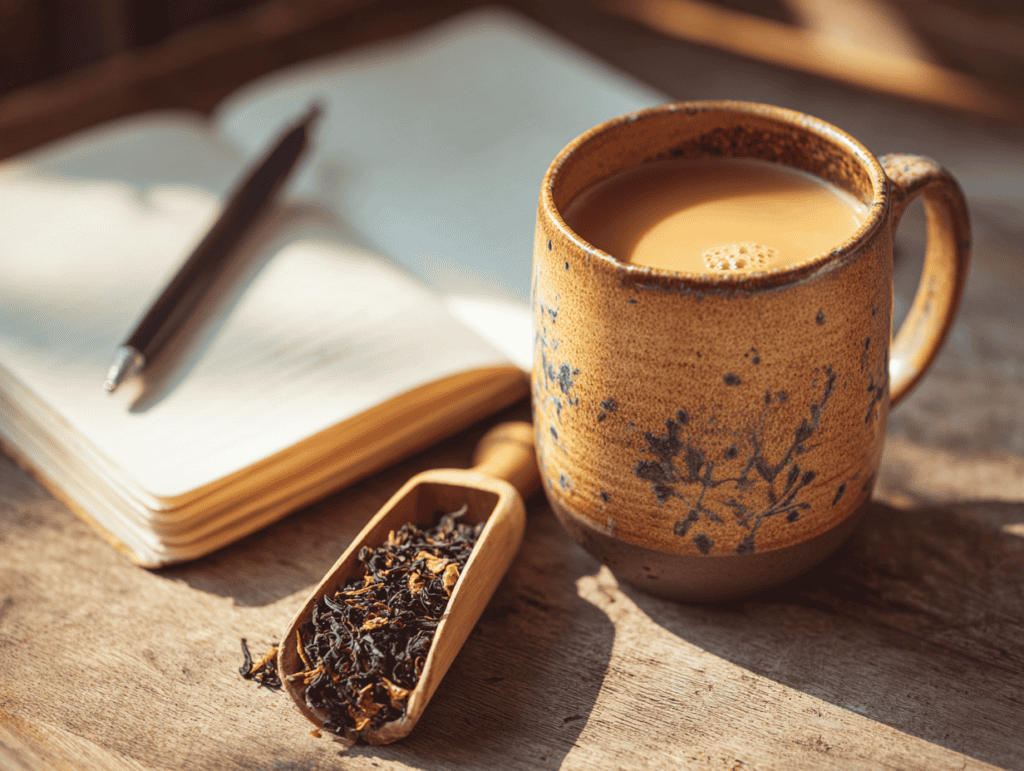 A ceramic mug of roasted green tea latte beside a small dish of loose tea leaves