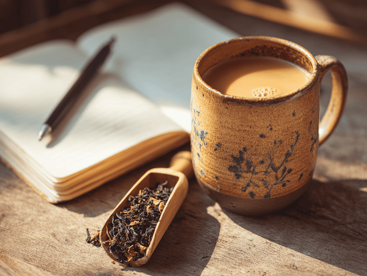 Hojicha milk tea recipe, a roasted green tea latte in a ceramic mug