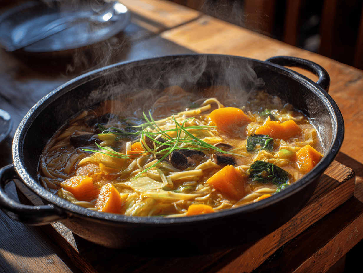 Hōtō recipe: flat noodles, kabocha and vegetables simmered in miso broth in an iron pot