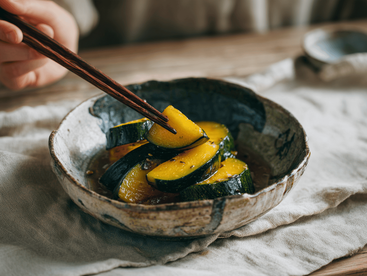 Chopsticks lifting simmered pumpkin from a handmade bowl, a kabocha no nimono recipe