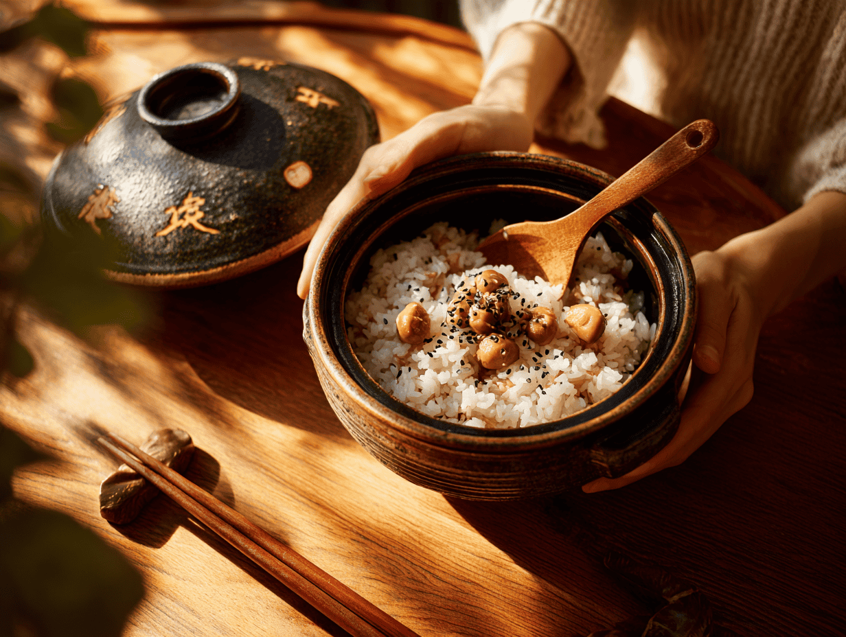 Hands serving kuri gohan from a clay pot, a kuri gohan recipe with golden chestnuts